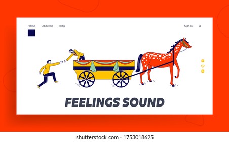 Jump on the Bandwagon Landing Page Template. Male Character Follower Chasing and Jumping into Wagon Pulled with Horse. Join Activity that Become Very Popular. Linear People Vector Illustration
