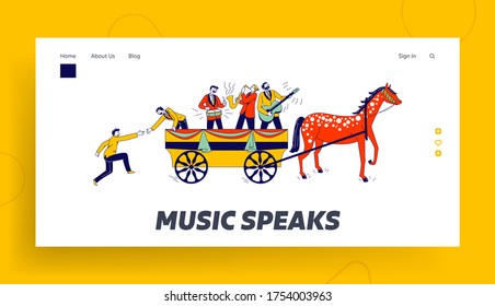 Jump on Bandwagon Landing Page Template. .Join Very Popular Activity to Share its Success. Follower Character Chasing, Joining and Jumping into Wagon with Music Band. Linear People Vector Illustration
