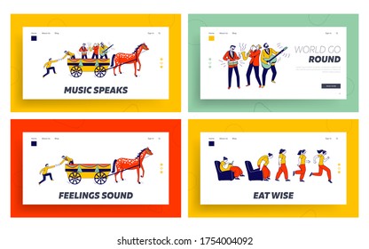 Jump on Bandwagon, Weight Loss Landing Page Template Set. Follower Character Chasing, Joining and Jumping into Wagon with Music Band. Woman Exercising, Slimming. Linear People Vector Illustration