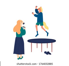 Jump on a trampoline background. Modern illustration slider site page. The concept of the foal jumping on the trampoline design. Web banner vacation of a horse mother with her child vector.