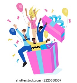 Сharacters jump out of the gift box. Illustration of big present box with  joyful interracial people. Happy friends made a surprise. Balloons and confetti fly out of the box. Birthday party.