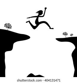 Jump Over Abyss - Jumping Man or Woman Silhouette on White Background