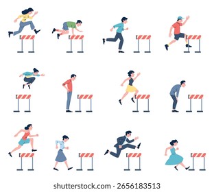 Jump over barriers. People running and jumping hurdles. Business characters, students, employees and hurdle. Office competition, recent vector set