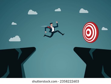 Jump over obstacles the Cliff, running and jumping. Businessman make risk. Business success concept, stepping through. reach success target career. flat vector illustration.