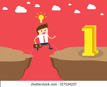 jump over the precipice, Ladder to success. Step by step infographics illustration. businessman walking. money.dream concept. idea. Future goals,vector, illustration, Cartoon flat. run. win.number one
