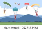 Jump with parachute. Group of skydivers flying with parachutes under valley. Paragliding, extreme sport and activity. People training recent vector scene
