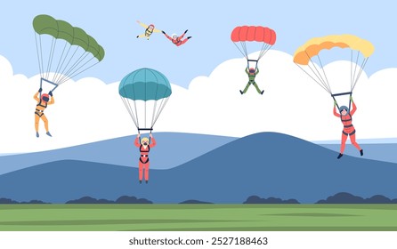 Jump with parachute. Group of skydivers flying with parachutes under valley. Paragliding, extreme sport and activity. People training recent vector scene