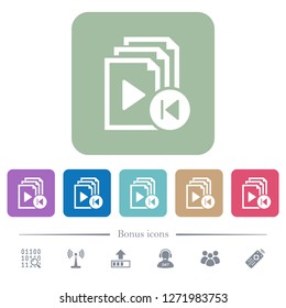 Jump to previous playlist item white flat icons on color rounded square backgrounds. 6 bonus icons included