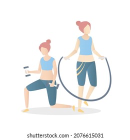 Jump Rope and Dumbbell exercises training,Weight loss workout,Shapely young women in sportswear cardio and bodyweight,healthy lifestyle. Vector illustration.