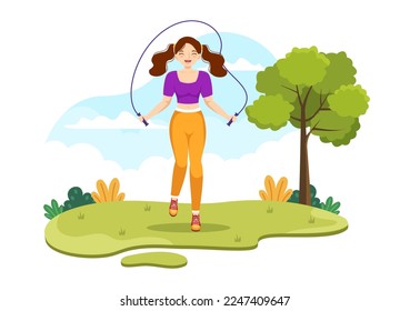 Jump Rope Illustration with People Playing Skipping Wear Sportswear in Indoor Fitness Sport Activities Flat Cartoon Hand Drawn Templates