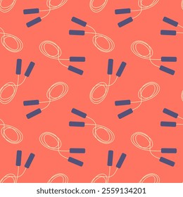 Jump ropes vector seamless pattern. Skipping rope workout tool illustration on bright pink background. Fun repeat design, minimalist sports fitness equipment for cardio, weight loss exercises