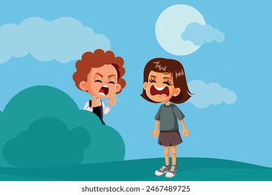 
Jump Scared Girl Afraid of Little Brother Vector Cartoon illustration. Started child playing hide and seek in the park 
