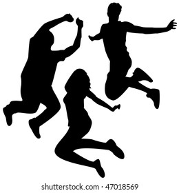 Jump Silhouettes. 3 Friends Jumping. Editable Vector Silhouette