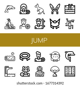 jump simple icons set. Contains such icons as Dolphin, Football player, Basketball player, Kangaroo, Skater, Rabbit, Bungee jumping, Swimming pool, can be used for web, mobile and logo