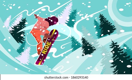 Jump of snowboarder against the background of snow-covered mountain landscape. Hand drawing vector illustration. Can be used for poster, avatar, social media, background, cover.