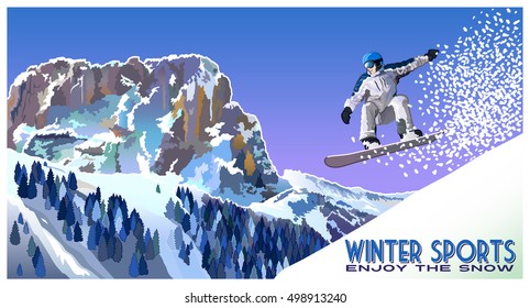 The jump of the snowboarder from the side of a mountain in the Alps. Handmade drawing vector illustration.