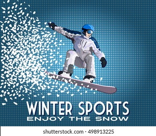 The jump of the snowboarder in a whirlwind of snow. Handmade drawing vector illustration.