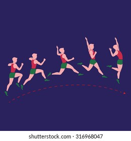 Jump stages of athletic man in flat style