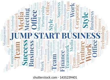 Jump Start Business word cloud. Collage made with text only.