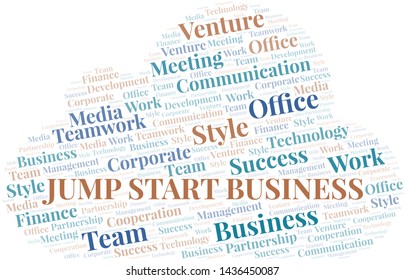 Jump Start Business word cloud. Collage made with text only.