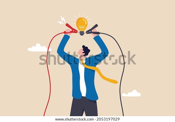 Jump start new business idea, knowledge to solve\
problem or creativity to think about solution concept, businessman\
connect electricity to lightbulb idea to lit up bright metaphor of\
solution idea.