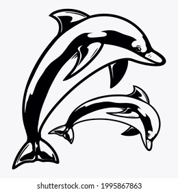 Jump of two dolphins in vintage monochrome style isolated vector illustration