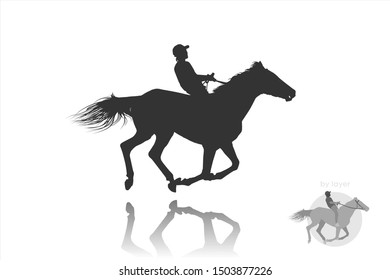 Jump. A young guy is sitting on a running horse. 