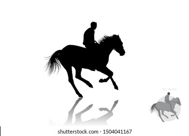 Jump. A young guy is sitting on a running horse. 