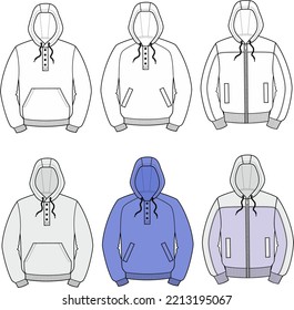 Jumper hoodie flat sketch. Smock with hood apparel design. Front view. Men CAD mockup. Fashion technical drawing template. Vector illustration.