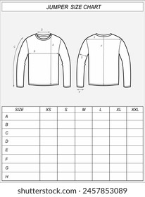 Tabla de tallas de puentes. Boceto delantero y trasero de la sudadera. Medidas de ropa. Maqueta CAD para hombre. Ilustración vectorial de Plantilla de dibujo técnico.