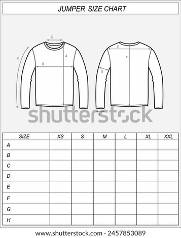 Jumper size chart. Sweatshirt front and back sketch. Clothing measurements. Men CAD mockup. Technical drawing template Vector illustration.