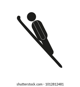 Jumper from the springboard on skis, black icon on white background