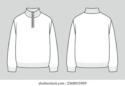 Jumper with a zipped collar. Men's casual clothing. Vector technical sketch. Mockup template.