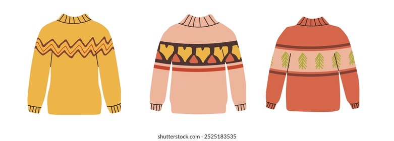 Jumpers set  isolated on white in flat stile. Warm clothes set. Vector illustration