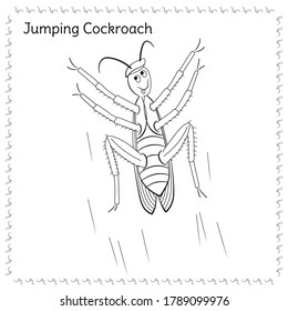 Jumpimg up cockroach with silly grimace. Comic illustration. Outline vector image. Editable strokes.
