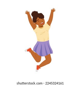 Jumping African American Girl Feeling Happiness and Excitement Having Fun Vector Illustration