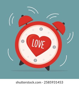 Jumping alarm clock with a heart. Wedding and valentine day concept. Тime to love with red heart. Wake up with a smile or time to date with my lover on Valentine Day. flat vector illustration