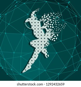 Jumping astronaut in spacesuit. Fantastic person. Molecule and communication background. Connected lines with dots.
