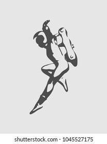 Jumping astronaut in spacesuit. Monochrome silhouette. Fantastic person
