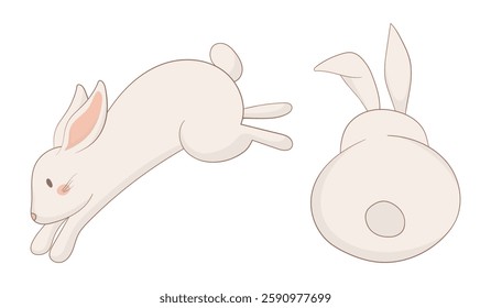 Jumping and back-view bunny icon. One rabbit in mid-leap, the other shown from behind with long ears. Minimalist animal illustration symbolizing movement and calmness