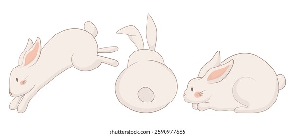 Jumping, back-view, and resting bunny icon. One rabbit is mid-leap, another is shown from behind with perked ears, and the third lies down. A simple and dynamic animal illustration