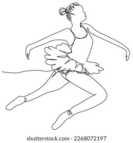 Jumping ballerina in motion in one line on a white background. The concept of a dancing girl in a ball gown. Stock vector illustration with editable stroke.