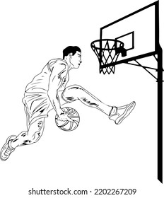 Salto del vector de la silueta del jugador de baloncesto, dibujo del niño del baloncesto jugando a la pose, dibujo del doodle de dibujos animados del torneo de baloncesto