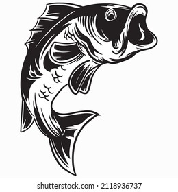 Jumping Bass Fish Clip Art, Fish Logo Black And White Vector Illustration