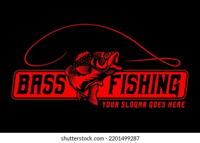 Jumping Bass fish fishing logo on black dark background. modern vintage rustic logo design. great to use as your any fishing company logo and brand