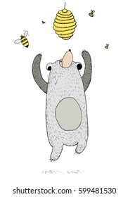 Jumping bear trying to reach honey hive. Hand drawn illustration for cards, posters or children's books.