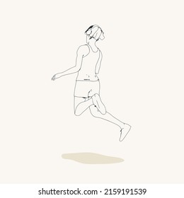 Jumping beautiful woman. Sport girl illustration. Young woman wearing workout clothes. Sport fashion girl outline in urban casual style.