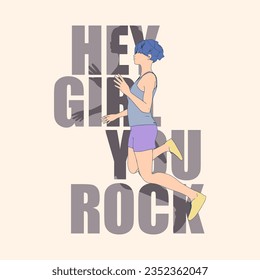 Jumping beautiful woman. Sport girl illustration. Young woman wearing workout clothes. Motivation quote on backdrop. Hey girl you rock