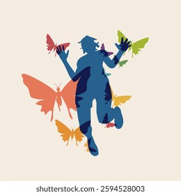 Jumping beautiful woman. Young woman silhouette flying with butterflies. Freedom and falling in love concept