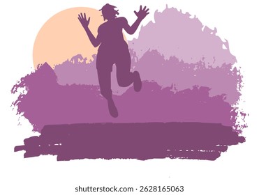 Jumping beautiful woman. Young woman silhouette against brush painted sunset landscape. Freedom and falling in love concept